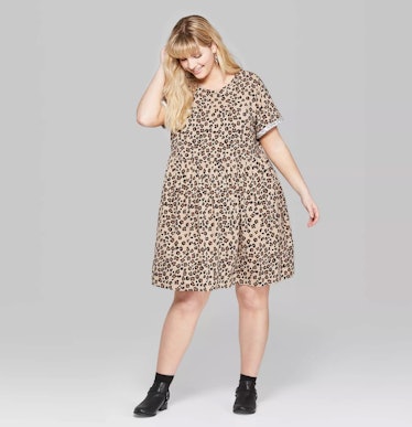 Women's Plus Size Animal Print Short Sleeve Round Neck Knit Babydoll Dress