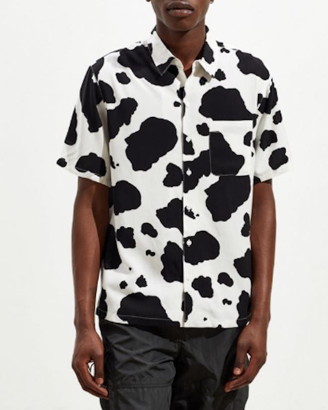 Cow Print Short Sleeve Button-Down Shirt