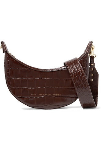 Croissant Glossed Croc-Effect Leather Shoulder Bag