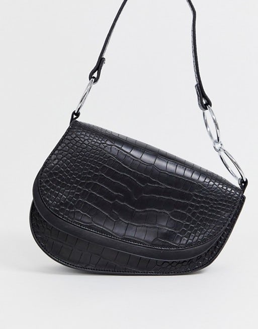 black patent mock croc handbag