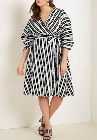 Striped Wrap Dress With Puff Sleeves