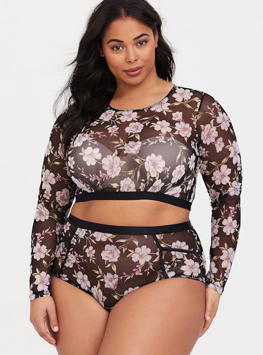 Floral Mesh Long Sleeve Layering Bralette & High Waist Panty