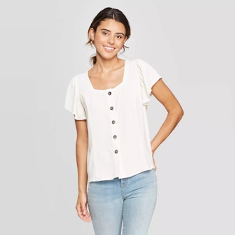 Short Sleeve Square Neck Button Front Top