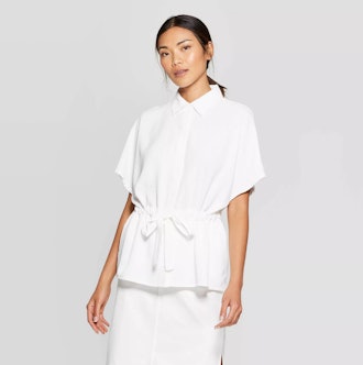 Short Sleeve Collared Neck Front-Button-Down Blouse