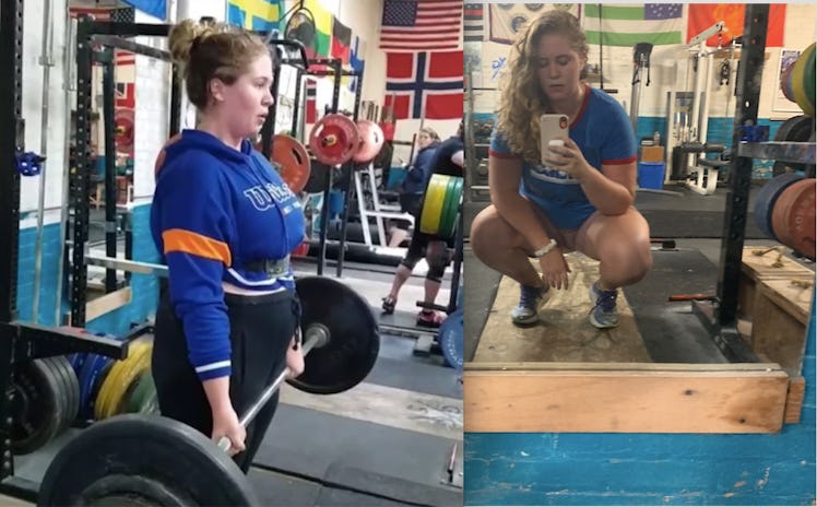 Hannah Schneider doing weight training in gym on the left and taking a mirror selfie in gym on the r...