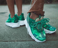 Versace Men's Chain Reaction Greek Key-print Sneakers In Green