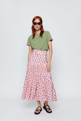 Belted Printed Midi Skirt