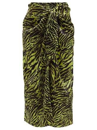 Knotted Zebra-Print Satin Midi Skirt