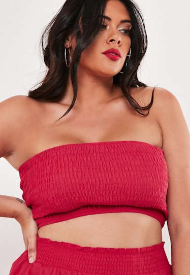 plus size red co ord shirred bandeau crop top