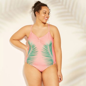 Xhilaration Pink Palm Women's Plus Size Palm Print Scoop Back One Piece Swimsuit