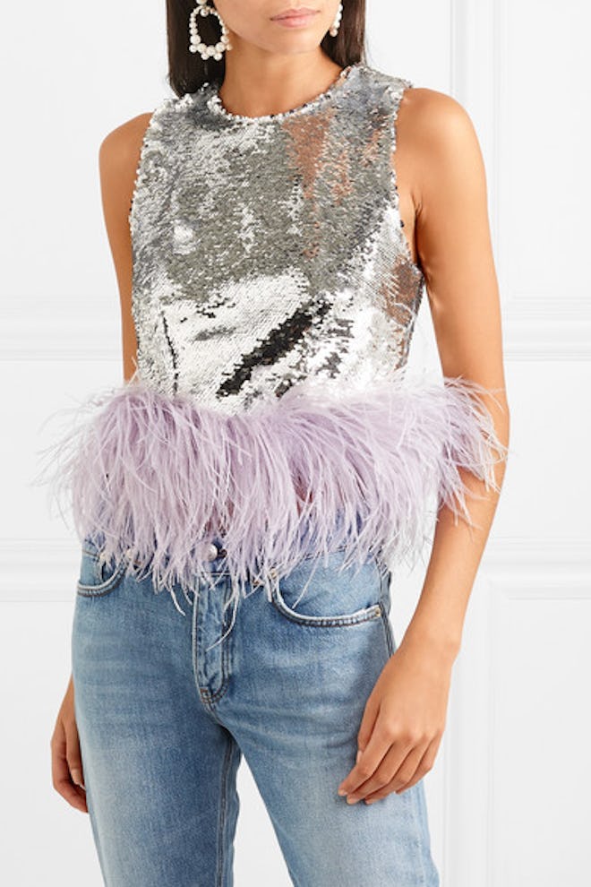 Feather-Trimmed Sequined Tulle Top