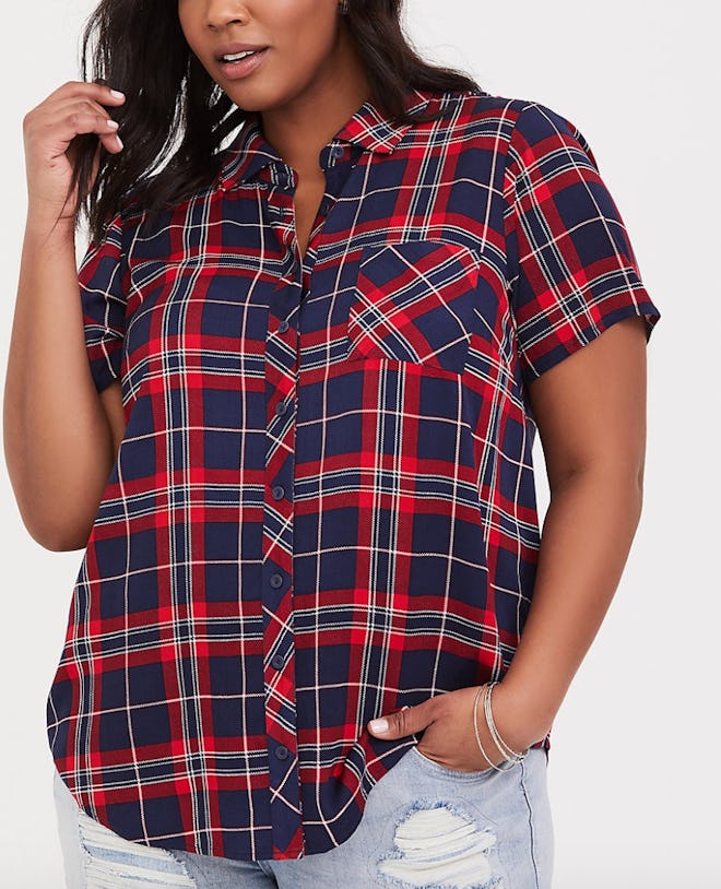 Red and Navy Plaid Challis Button-Down Shirt 