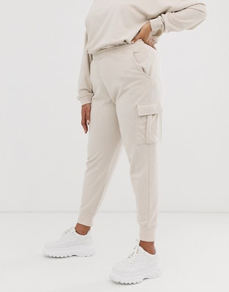 Belted Joggers with Cargo Pockets in Beige