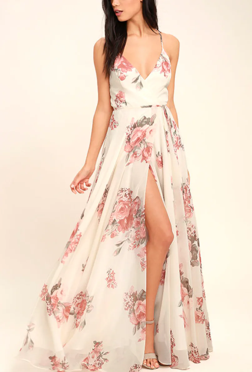 elegantly inclined cream floral print wrap maxi dress Shop Elegant Romance Unveiled