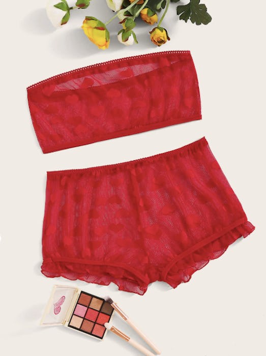 Heart Print Sheer Bandeau With Shorts & Thong