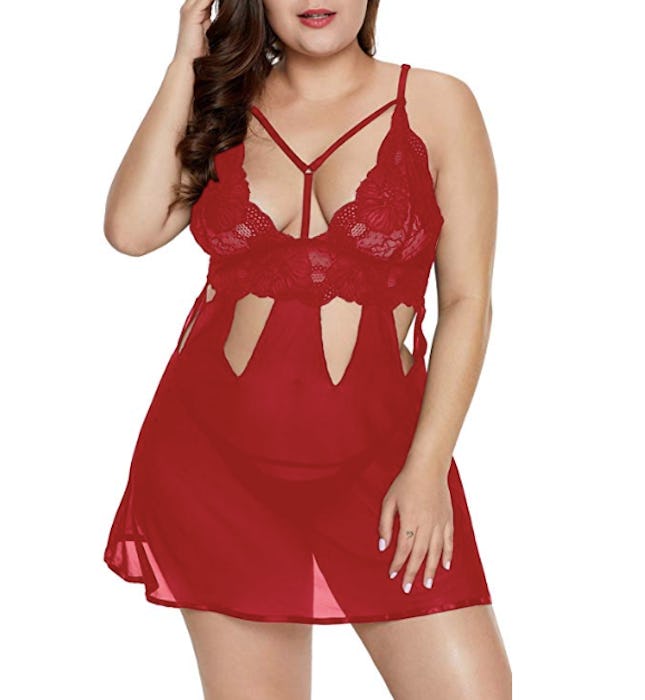 ELSTAROA Plus Size Babydoll Set for Women Sheer Fantasy Deep V-Neck Lace Chemise