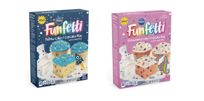 Collage of two unicorn & galaxy Funfetti cake mix boxes