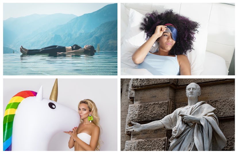 A collage of a woman doing yoga on a lake, a woman peaking through a sleeping mask, a woman with a b...