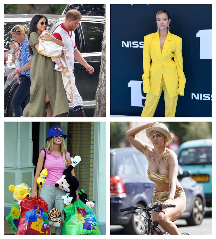 A collage of celebrity parents in different go-to weekday outfits 