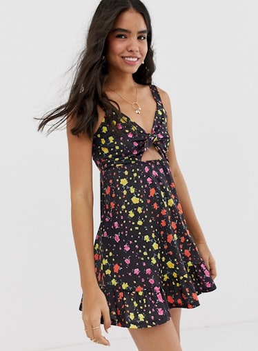 ASOS DESIGN Tie Front Mini Sundress With Cut Out in Floral Print