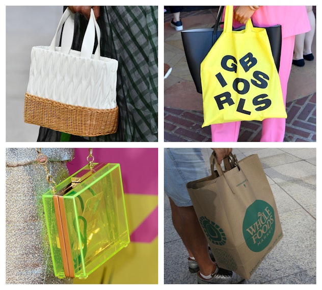 A collage of a white woven bag, a "girlboss" tote bag, a transparent square bag and a grocery bag 