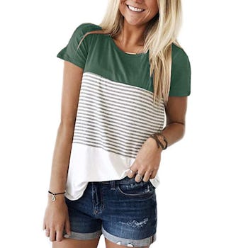 YunJey Round Neck Triple Color Block Stripe T-Shirt