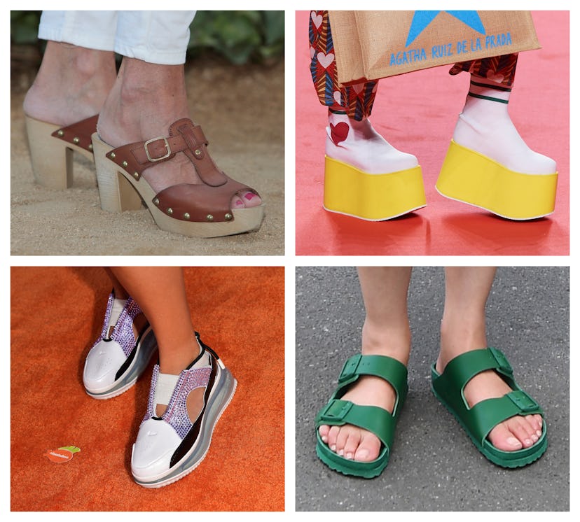 A collage of clogs, platforms, sneakers and Birkenstocks 
