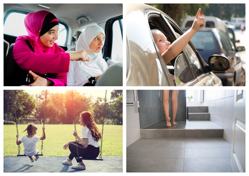 A collage of two girls in a car, a kid sticking their hand out the car window, a mom and kid on swin...