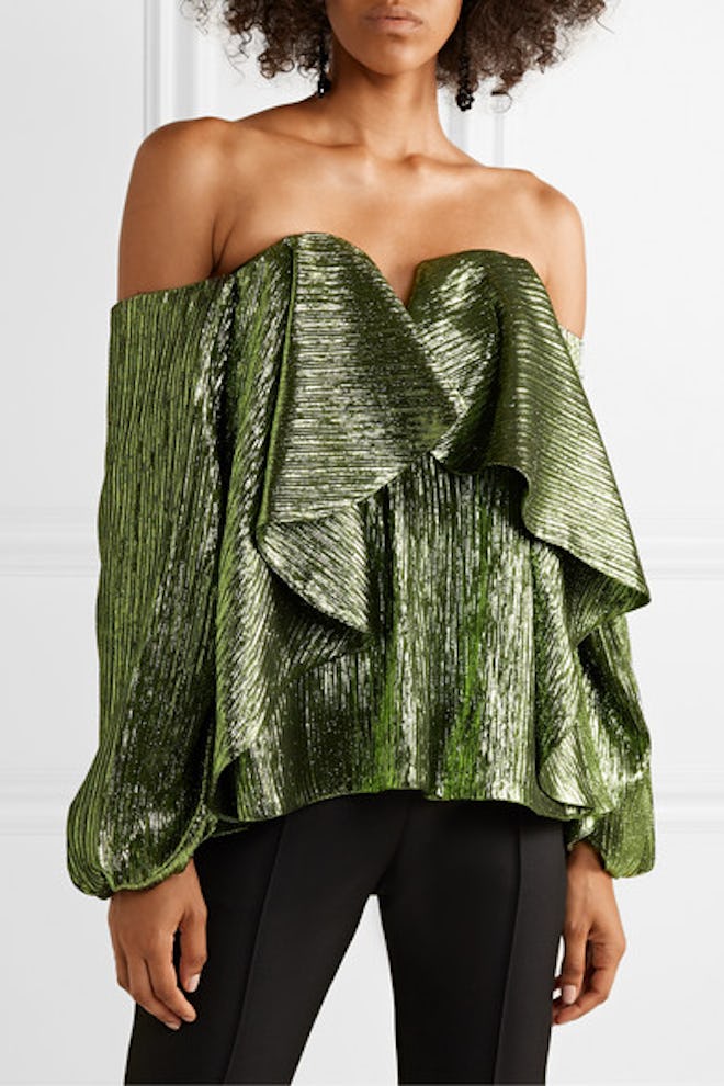 Off-The-Shoulder Ruffled Lurex Bustier Top