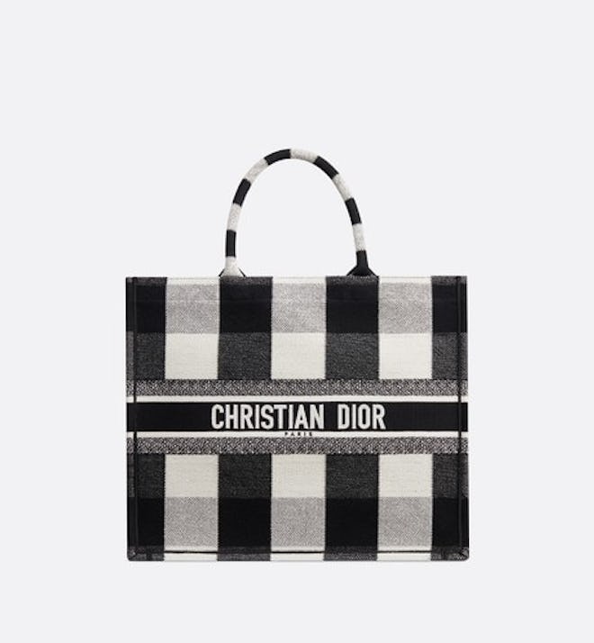 Book Tote In Black-And-White Embroidered Check