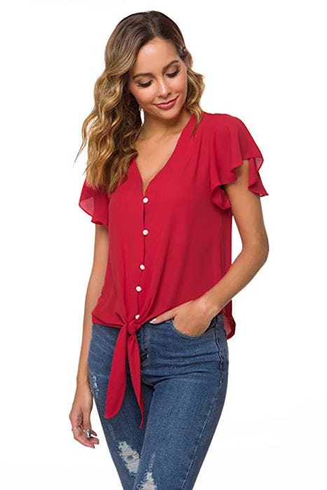 Roshop V-Neck Flutter Sleeve Button Down Top 