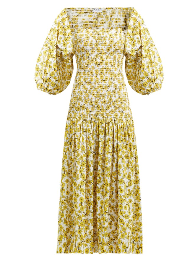 Harper Shirred Floral-Print Cotton Midi Dress