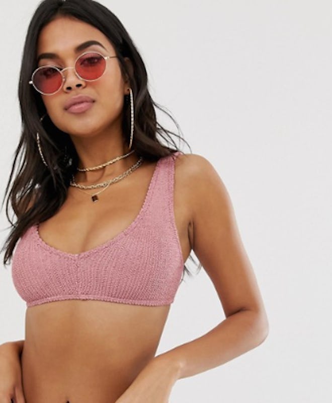 ASOS DESIGN Mix And Match Crinkle V Front Bikini Top In Shiny Dusky Pink