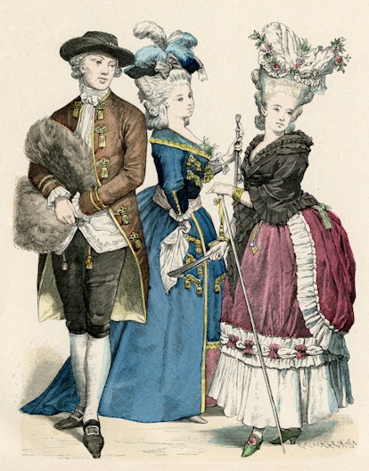 A man and two women posing in traditional heel boots from 18th century