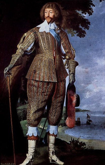 Oil painting of Henry Rich, 1st Earl of Holland posing with a sword and wearing white heel boots