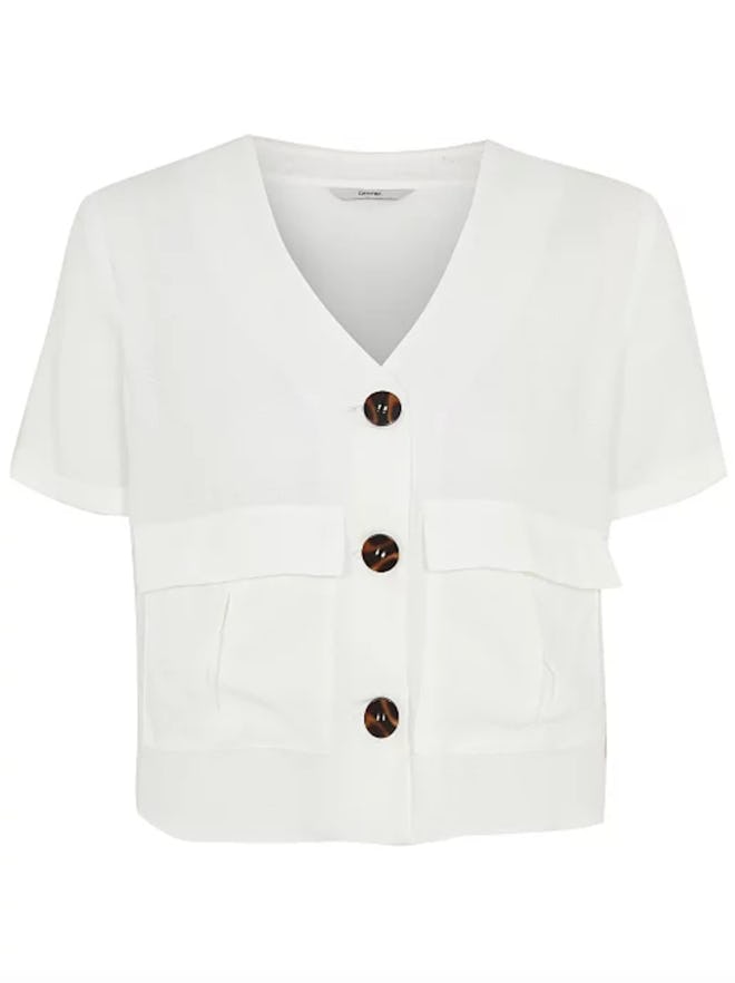 White Resin Button Utility Pocket Blouse