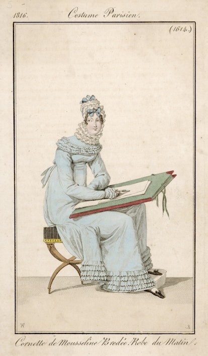 Painting of a lady sitting in a light blue gown and wearing black square-toe shoes