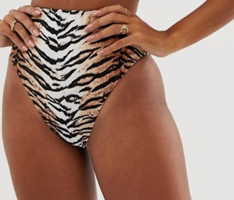 ASOS DESIGN Mix And Match High Leg High Waist Bikini Bottom In Natural Tiger Print