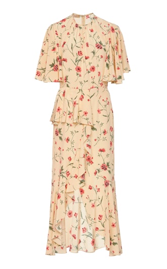 Ruffled Floral-Print Silk-Crepe Midi Dress