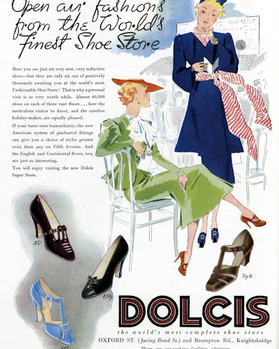 Dolcis advert poster with blue, black, and brown square-toe heels