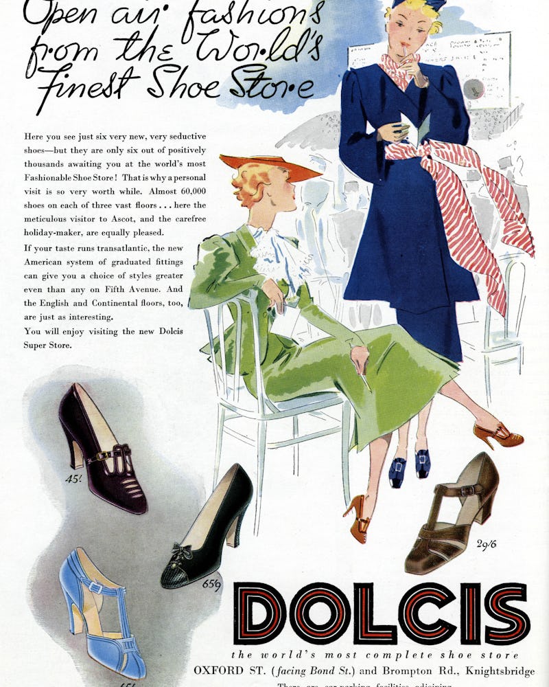 Dolcis advert poster with blue, black, and brown square-toe heels