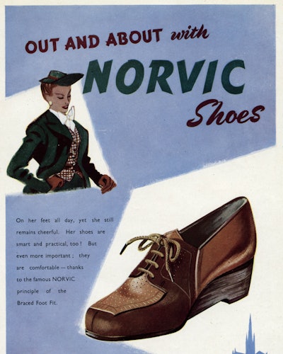 Advert poster for Norvic shoes with a brown square-toe shoe 