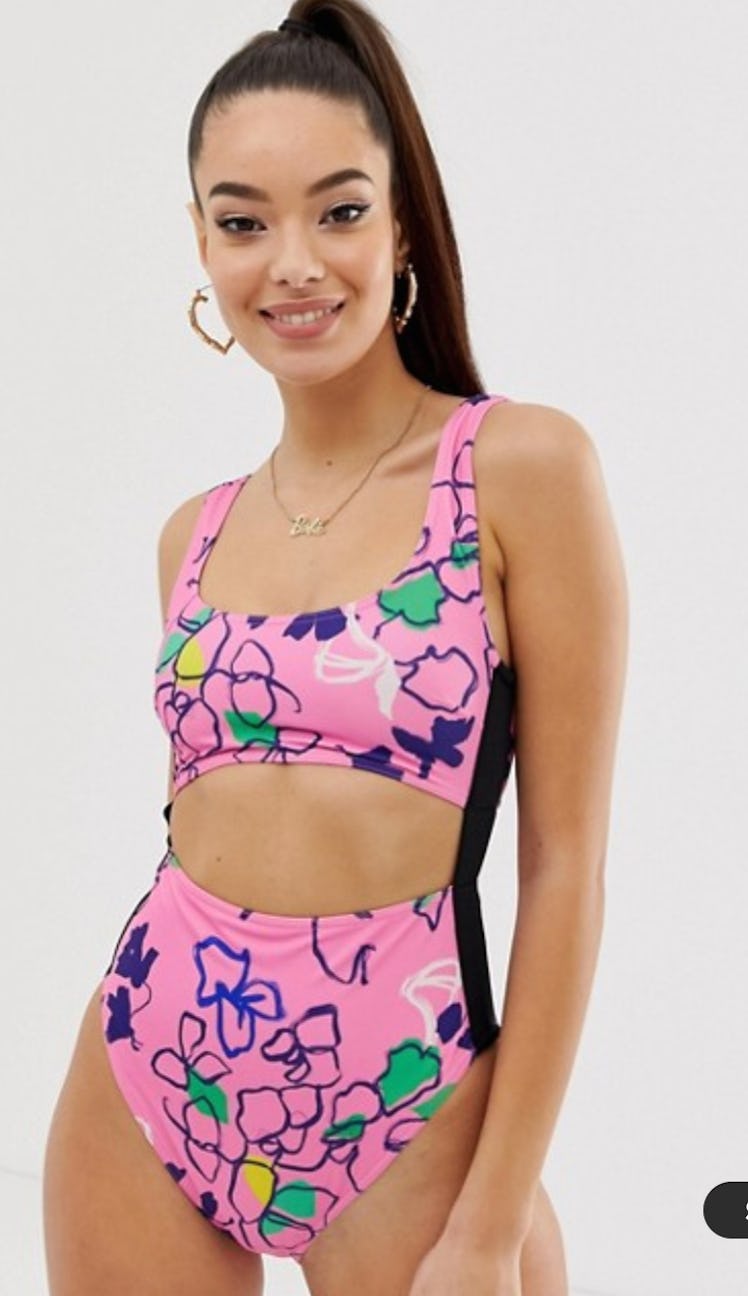 ASOS DESIGN recycled tab side high waist swimsuit in pink outline floral sketch print