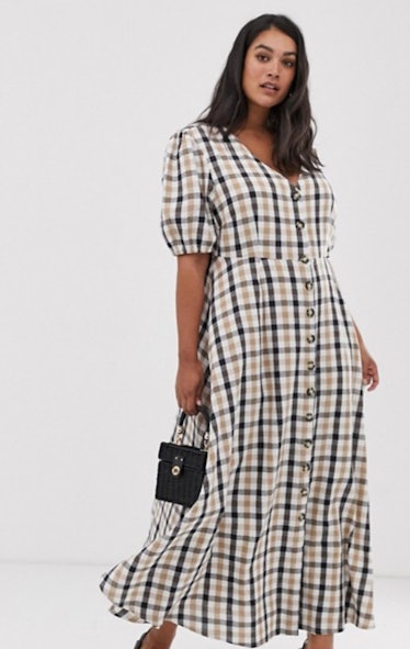 Neon Rose Plus Maxi Tea Dress with Puff Sleeves in Bold Check