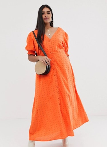 Neon Rose Plus Button Front Maxi Dress In Broderie