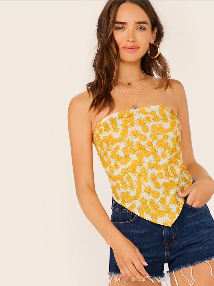 SHEIN Pineapple Print Tie Back Asymmetrical Bandeau Top
