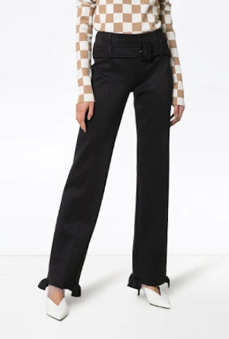 High Waisted Belted Ruffle Hem Trousers
