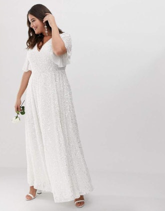 ASOS Curve Flutter Sleeve Sequin Maxi Wedding Dress