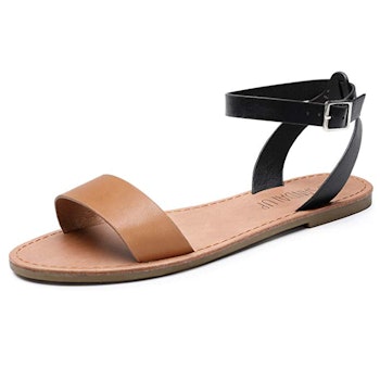 SANDALUP Women’s Soft Faux Leather Open Toe and Ankle Strap Buckle Flat Sandals