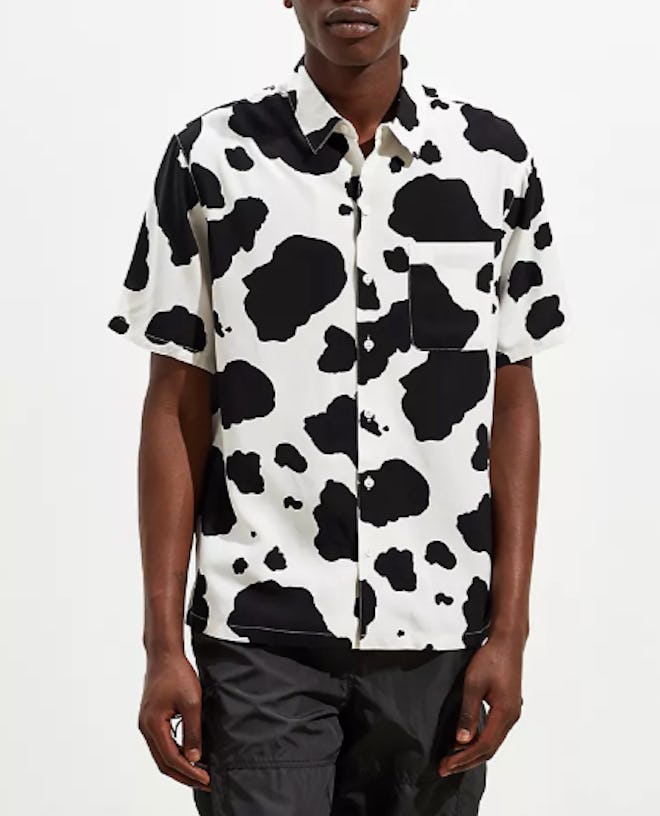 Cow Print Short Sleeve Button-Down Shirt